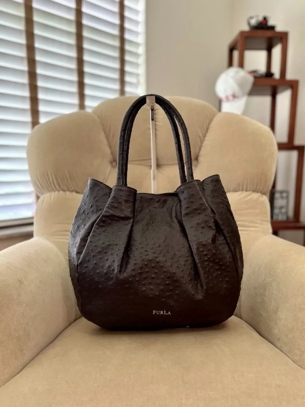 Auth FURLA Genuine Ostrich Embossed Leather Satchel Bag GORGEOUS!